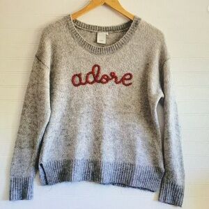 Gray Sweater with Red 'Adore' Embroidery